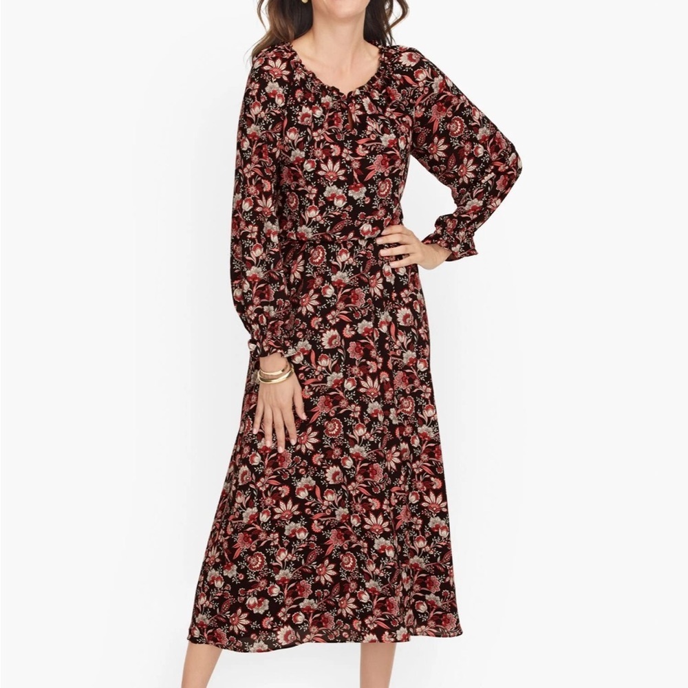 Talbots Petite Bracelet Sleeve Autumn Garden Floral Print Midi Dress